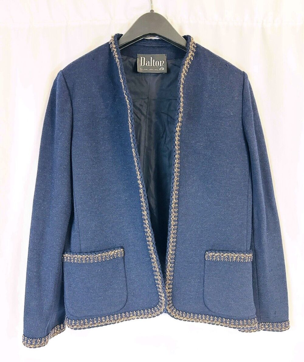 Vtg Dalton Sz 10 Jacket Open Blazer Cardigan 100% Virgin Wool Navy Blue Pockets